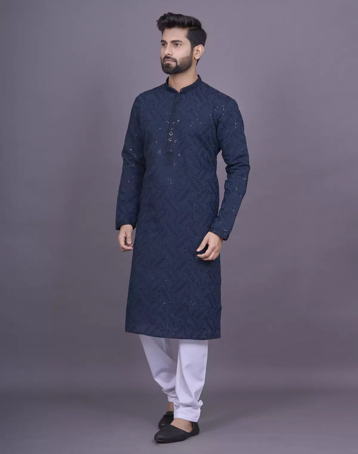 Image of all over self embellished work blue georgette kurta pyjama set - South India Shopping Mall