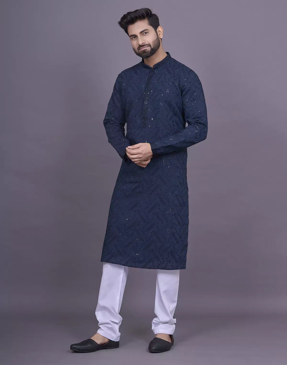 Image of all over self embellished work blue georgette kurta pyjama set - South India Shopping Mall