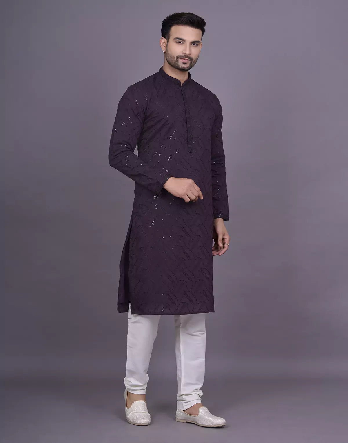 all over self embellished work wine georgette kurta pyjama set - South India Shopping Mall