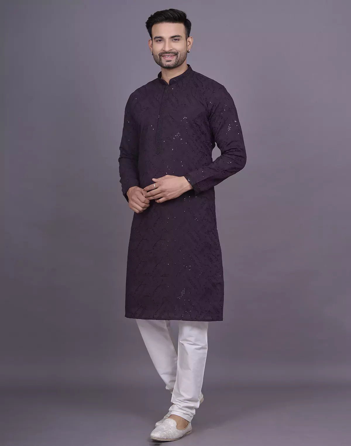 Image of all over self embellished work wine georgette kurta pyjama set - South India Shopping Mall