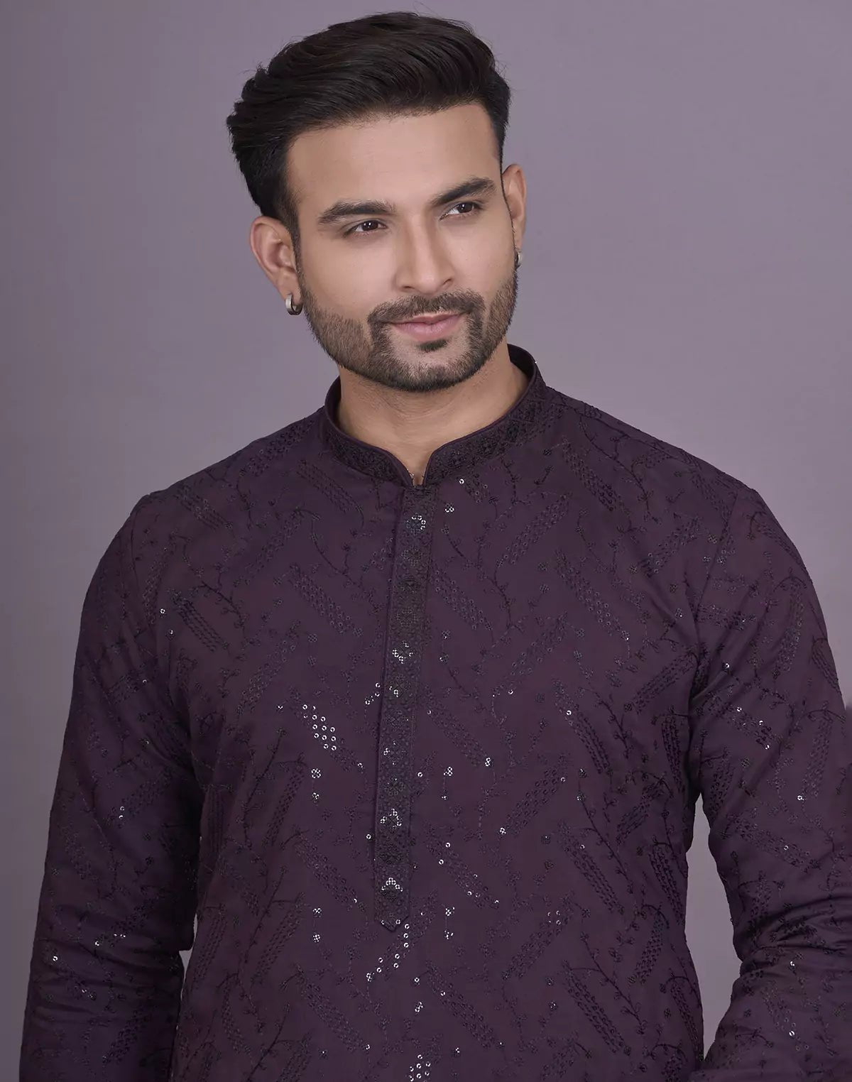 Image of all over self embellished work wine georgette kurta pyjama set - South India Shopping Mall