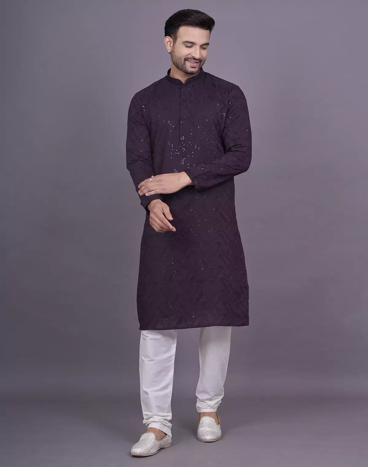 all over self embellished work wine georgette kurta pyjama set - South India Shopping Mall