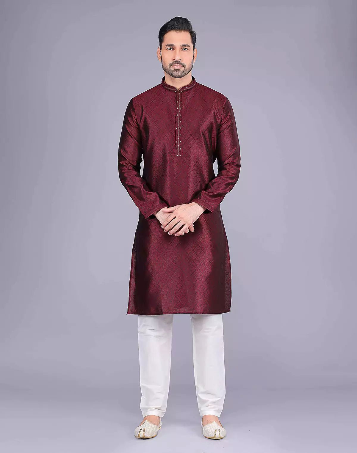 Image of All Over Self Floral Design Maroon Soft Silk Kurta Pajama - South India Shopping Mall