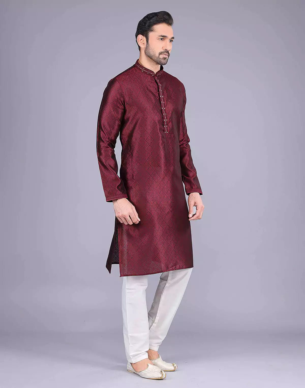 Image of All Over Self Floral Design Maroon Soft Silk Kurta Pajama - South India Shopping Mall