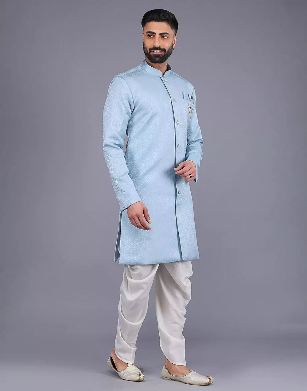 Image of All Over Self Floral Design Sky Blue Color Semi Indo Style - South India Shopping Mall