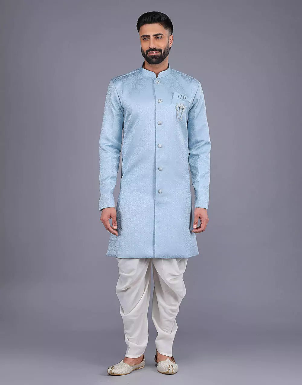 Image of All Over Self Floral Design Sky Blue Color Semi Indo Style - South India Shopping Mall