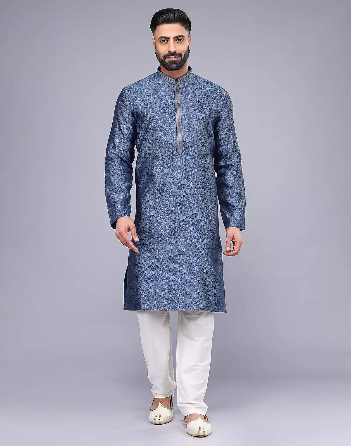 Image of All Over Self Floral Design Soft Silk Rama Blue Kurta Set - South India Shopping Mall