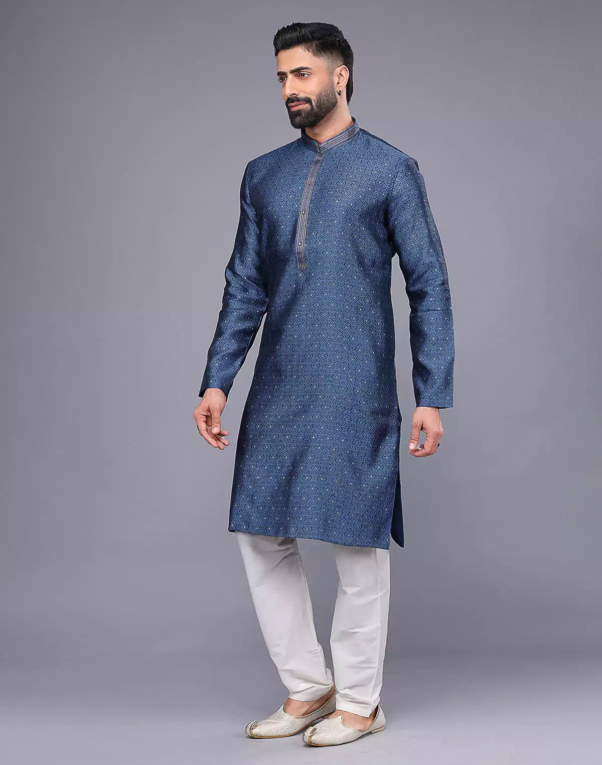 Image of All Over Self Floral Design Soft Silk Rama Blue Kurta Set - South India Shopping Mall