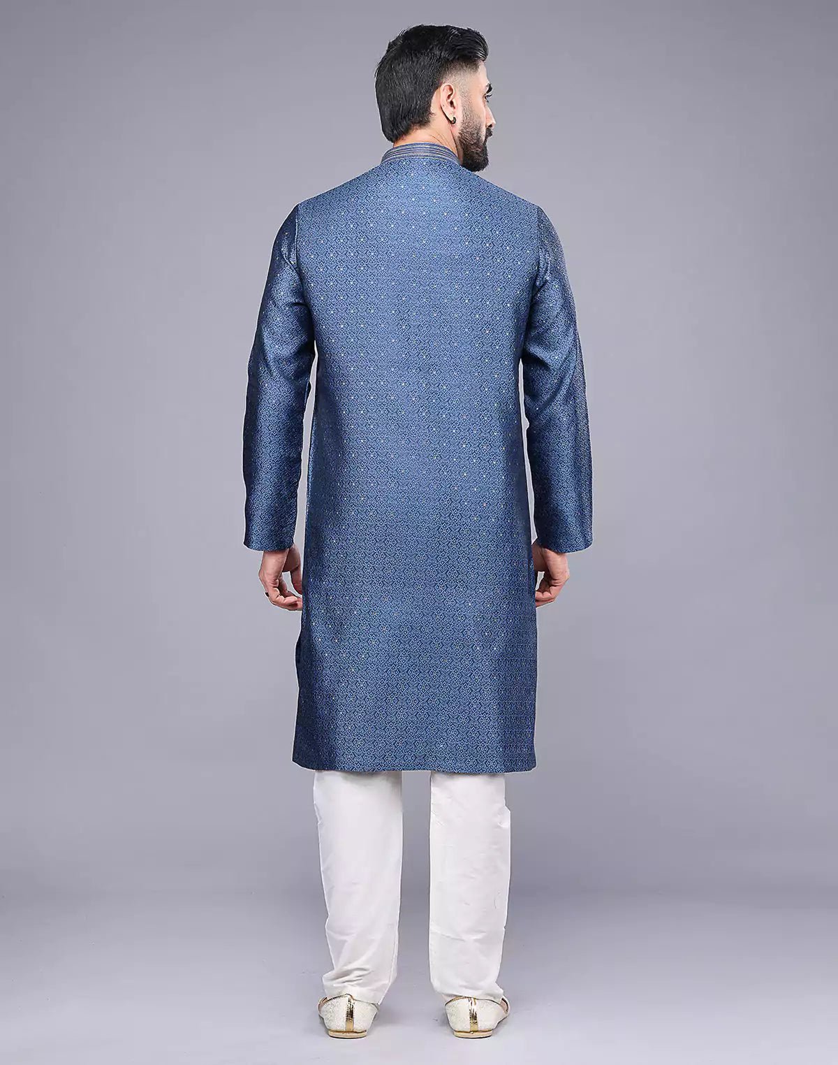 Image of All Over Self Floral Design Soft Silk Rama Blue Kurta Set - South India Shopping Mall