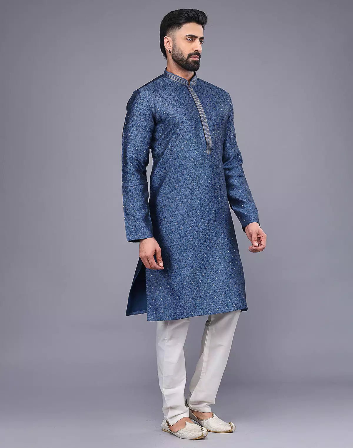 Image of All Over Self Floral Design Soft Silk Rama Blue Kurta Set - South India Shopping Mall