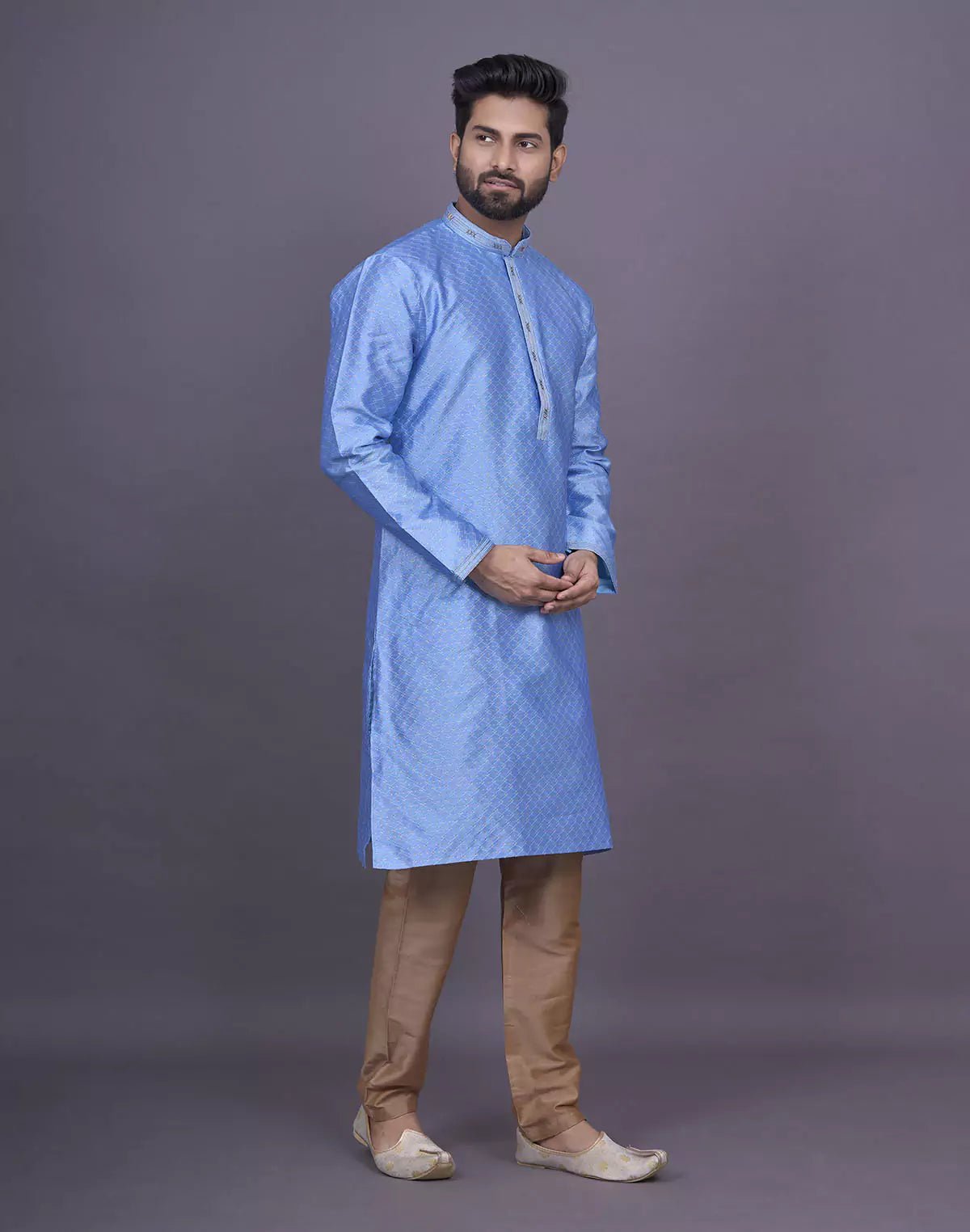All Over Self Geometric Jacquard Sky Coloured Kurta Set - South India Shopping Mall