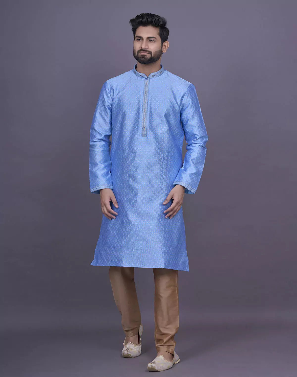 Image of All Over Self Geometric Jacquard Sky Coloured Kurta Set - South India Shopping Mall