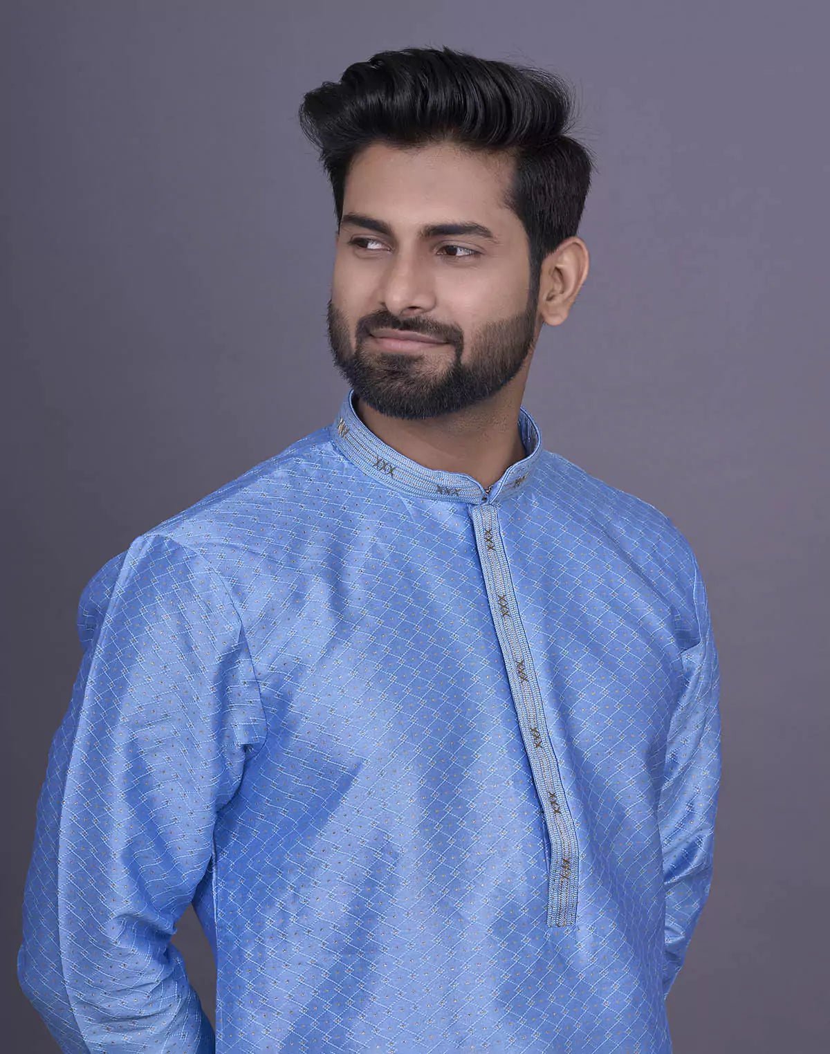 Image of All Over Self Geometric Jacquard Sky Coloured Kurta Set - South India Shopping Mall