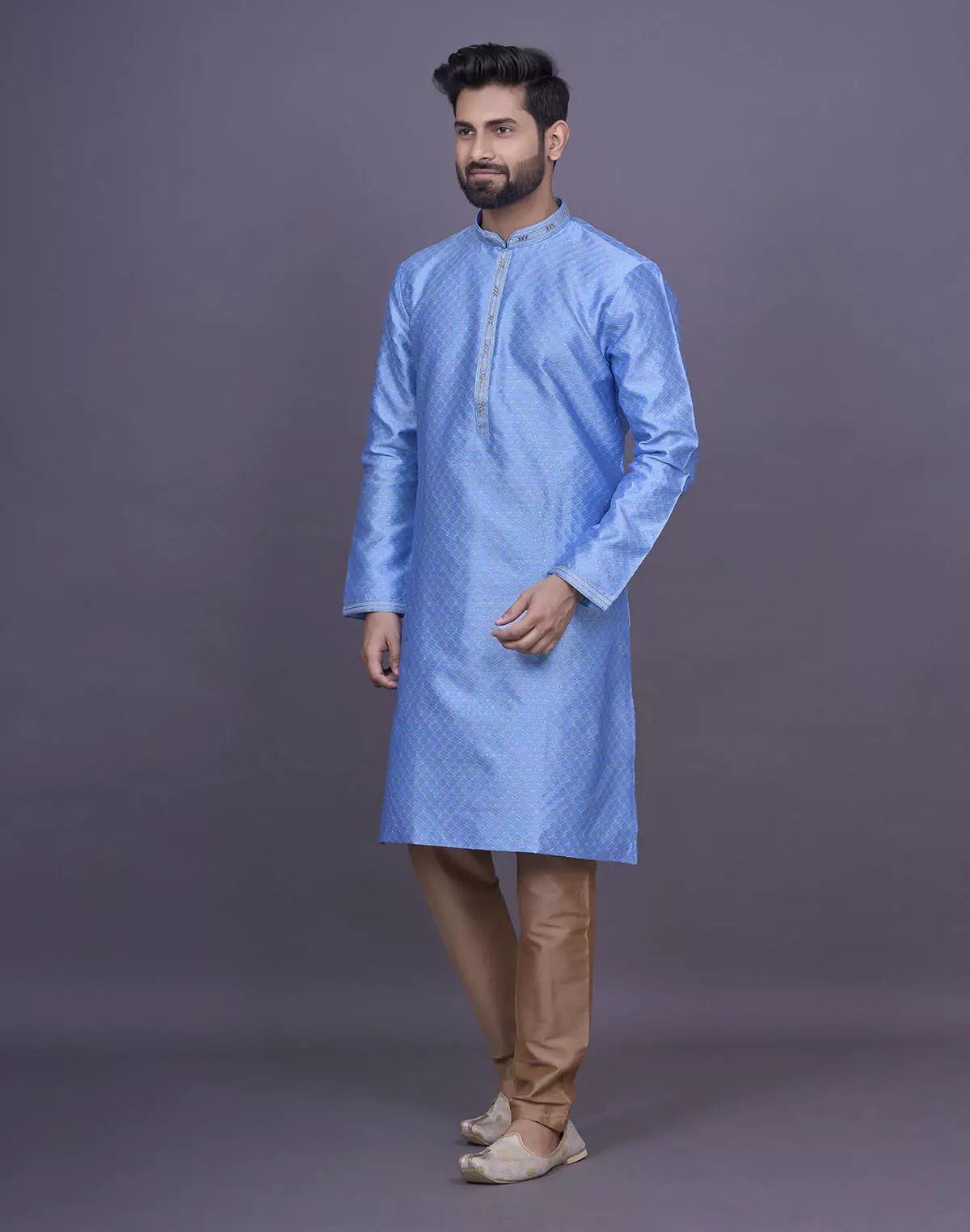 Image of All Over Self Geometric Jacquard Sky Coloured Kurta Set - South India Shopping Mall