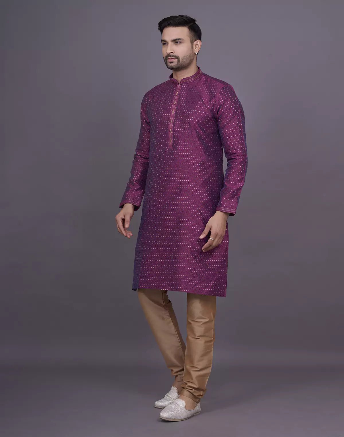 Image of All Over Self Geometric Wine Colour Jacquard Kurta Set - South India Shopping Mall