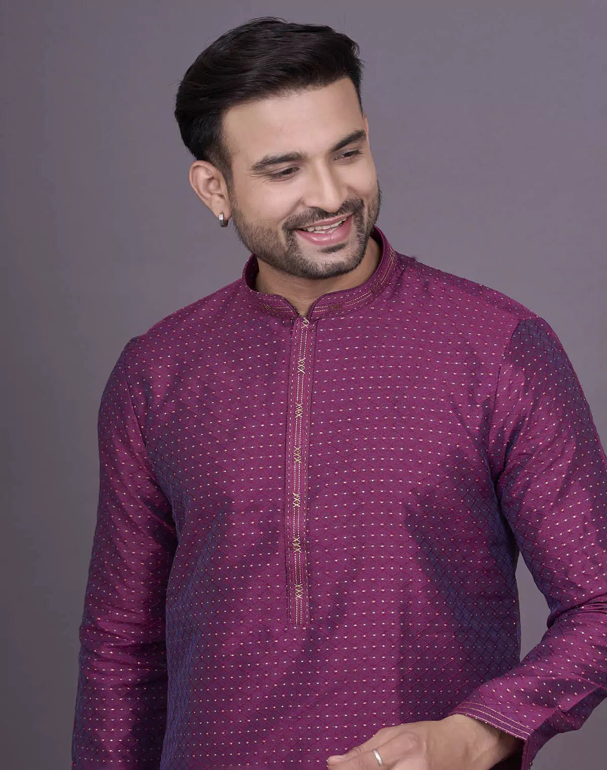 Image of All Over Self Geometric Wine Colour Jacquard Kurta Set - South India Shopping Mall