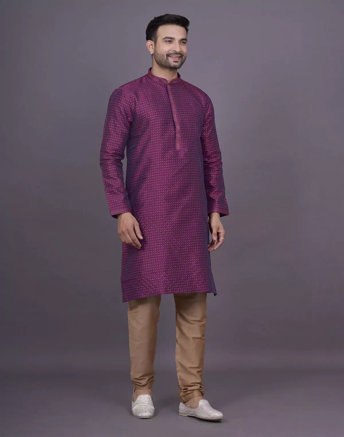 Image of All Over Self Geometric Wine Colour Jacquard Kurta Set - South India Shopping Mall