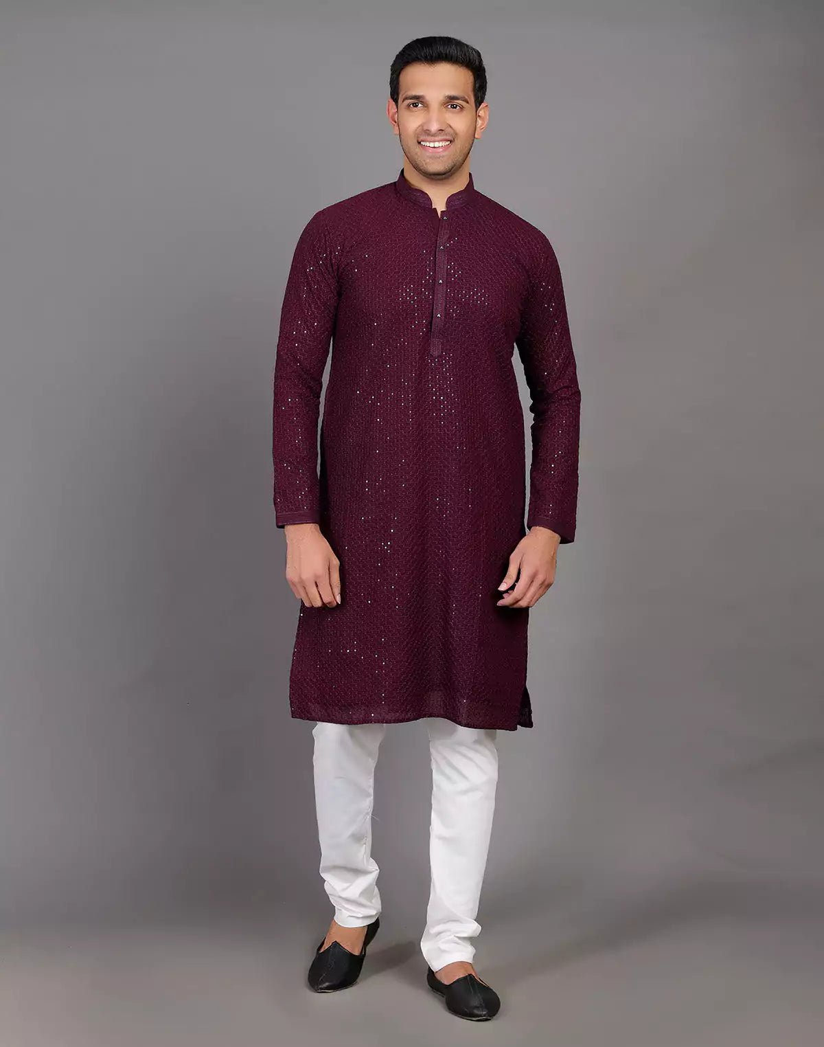 Image of All Over Self Highlighted Sequence Work Wine Colored Kurta Pajama - South India Shopping Mall