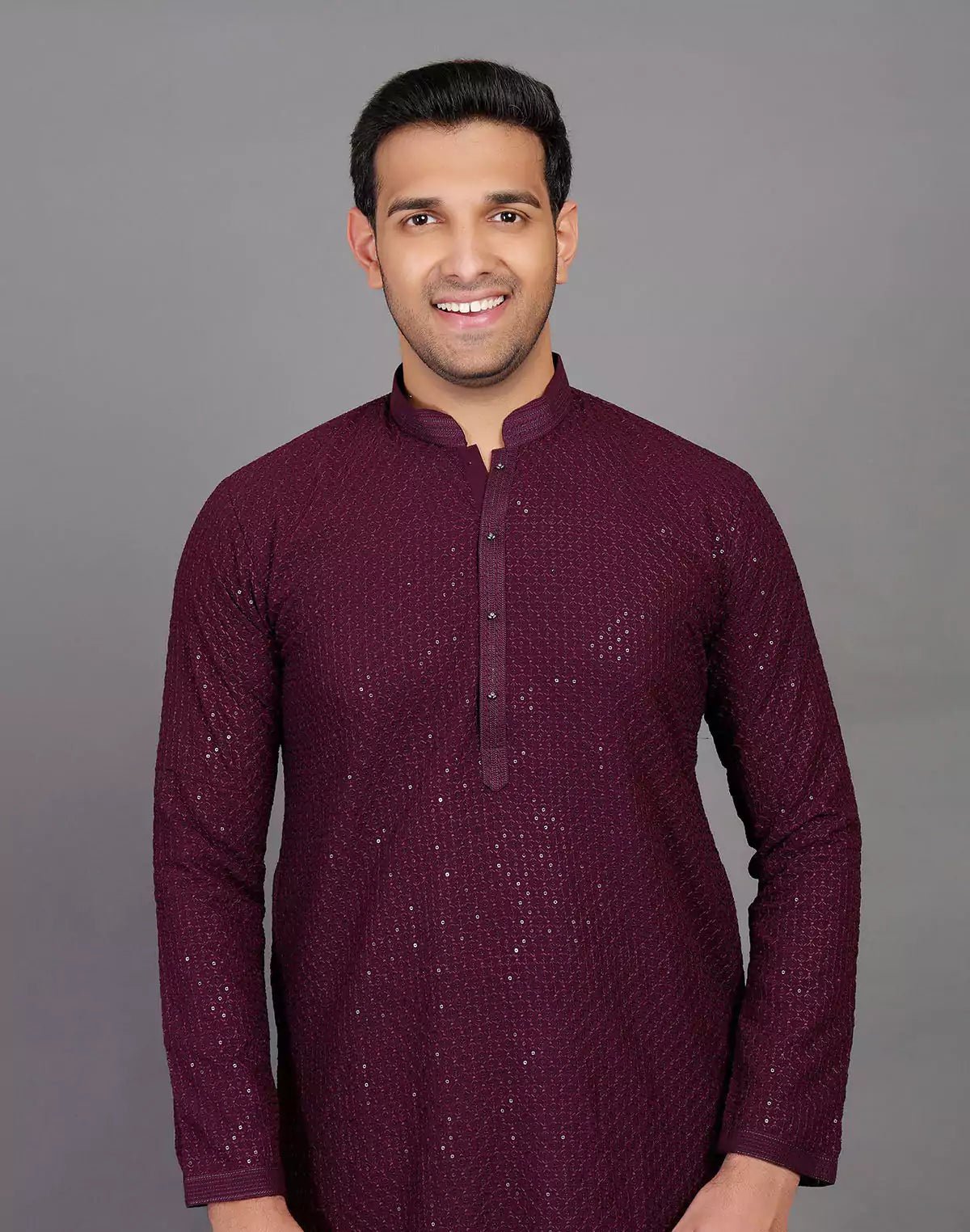 Image of All Over Self Highlighted Sequence Work Wine Colored Kurta Pajama - South India Shopping Mall