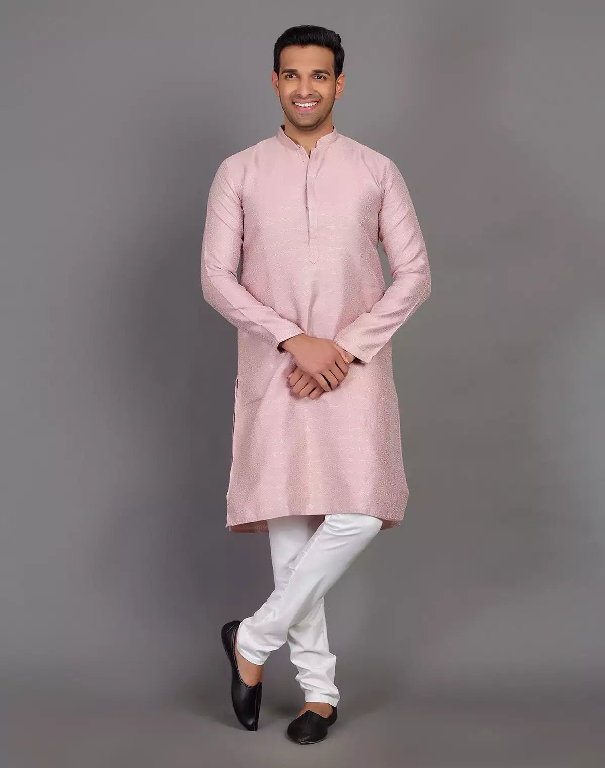 Image of All Over Self Highlighted Thread Work Soft Silk Onion Colour Kurta Set - South India Shopping Mall