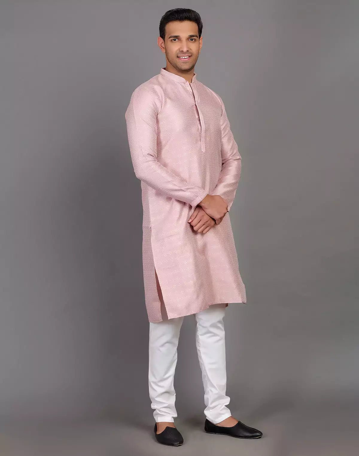 Image of All Over Self Highlighted Thread Work Soft Silk Onion Colour Kurta Set - South India Shopping Mall