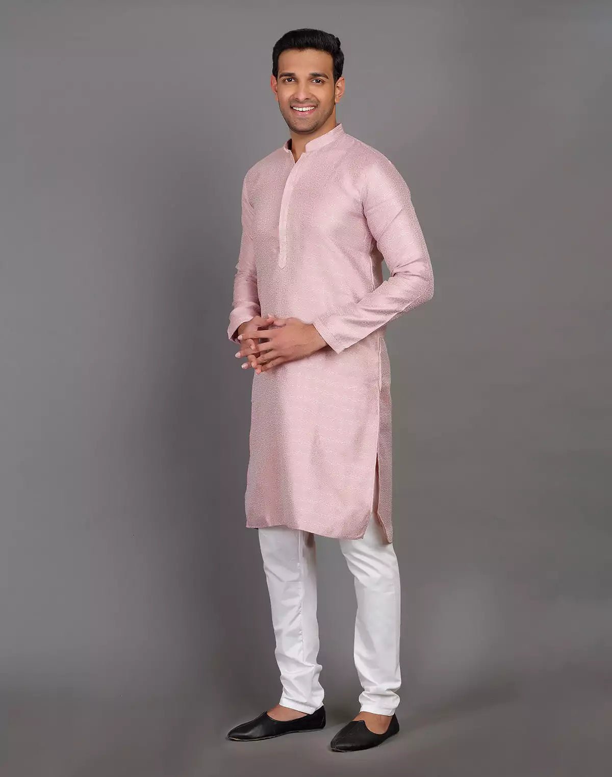 Image of All Over Self Highlighted Thread Work Soft Silk Onion Colour Kurta Set - South India Shopping Mall