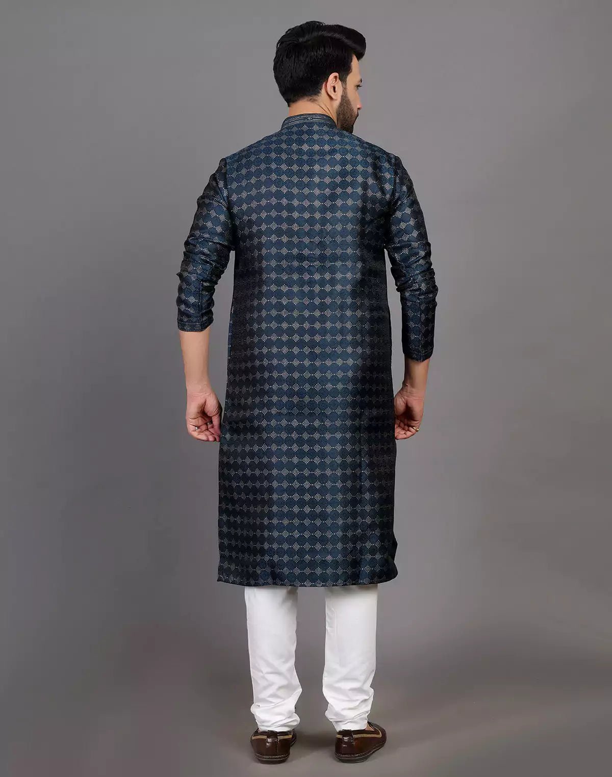 Image of All Over Self Highlighted Thread Work Soft Silk Peacock Blue Kurta Set - South India Shopping Mall