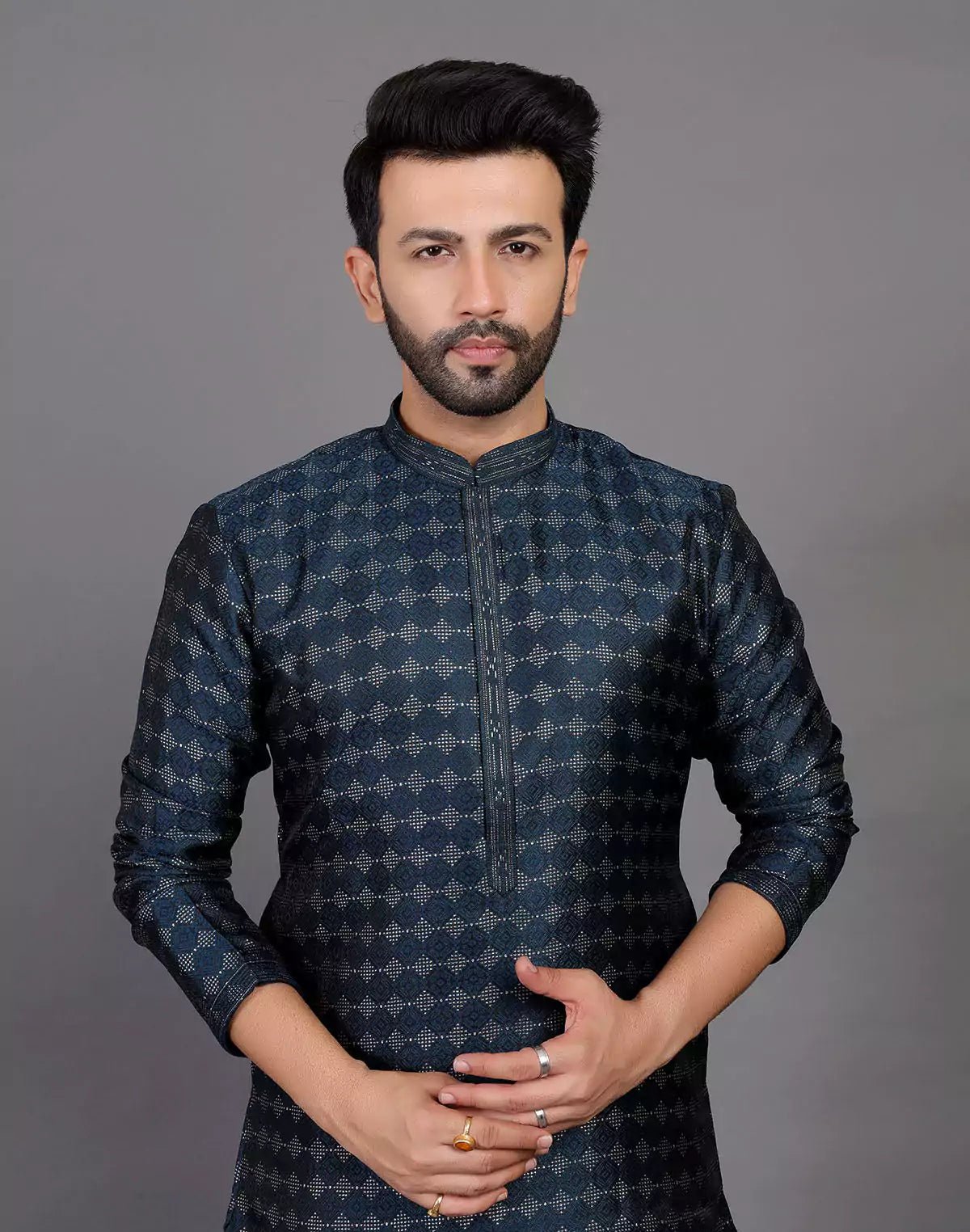 Image of All Over Self Highlighted Thread Work Soft Silk Peacock Blue Kurta Set - South India Shopping Mall