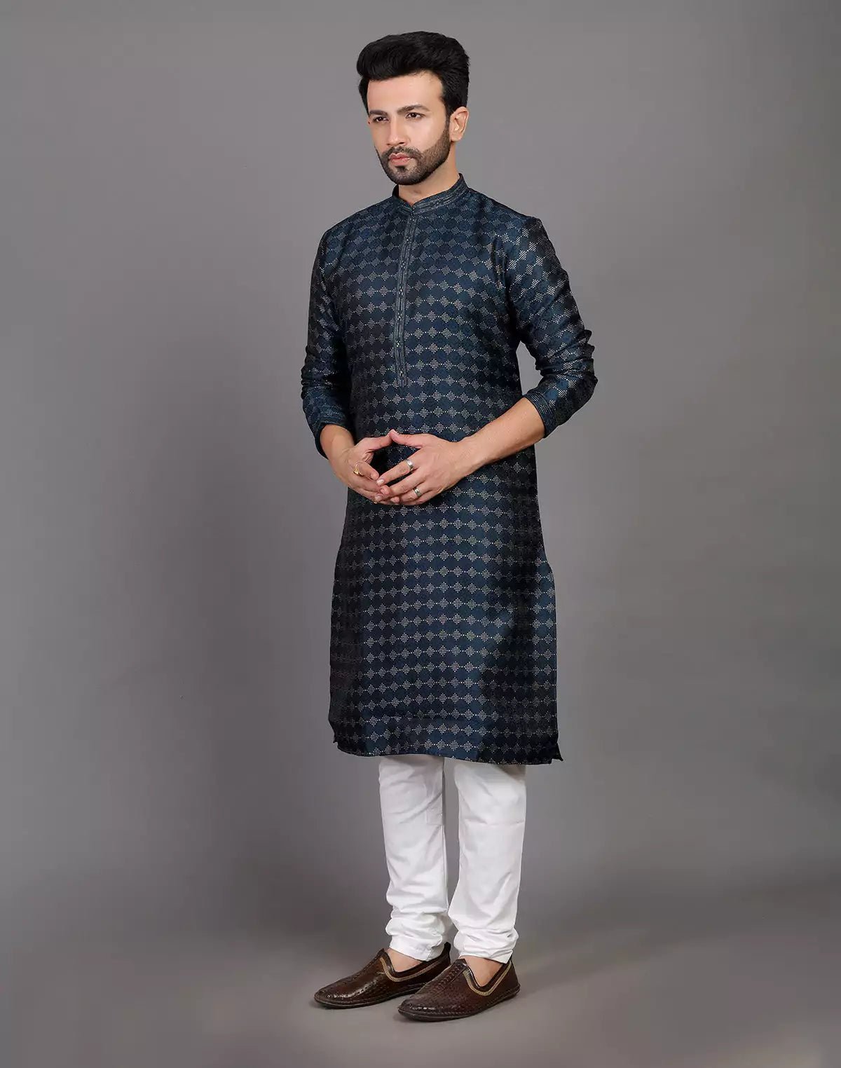 Image of All Over Self Highlighted Thread Work Soft Silk Peacock Blue Kurta Set - South India Shopping Mall