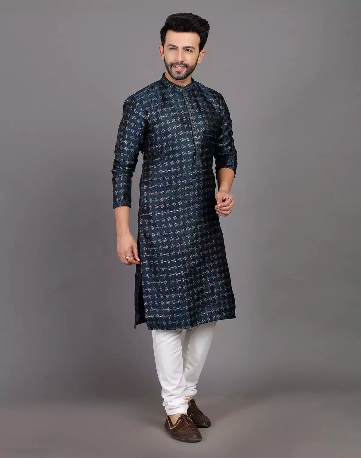 Image of All Over Self Highlighted Thread Work Soft Silk Peacock Blue Kurta Set - South India Shopping Mall