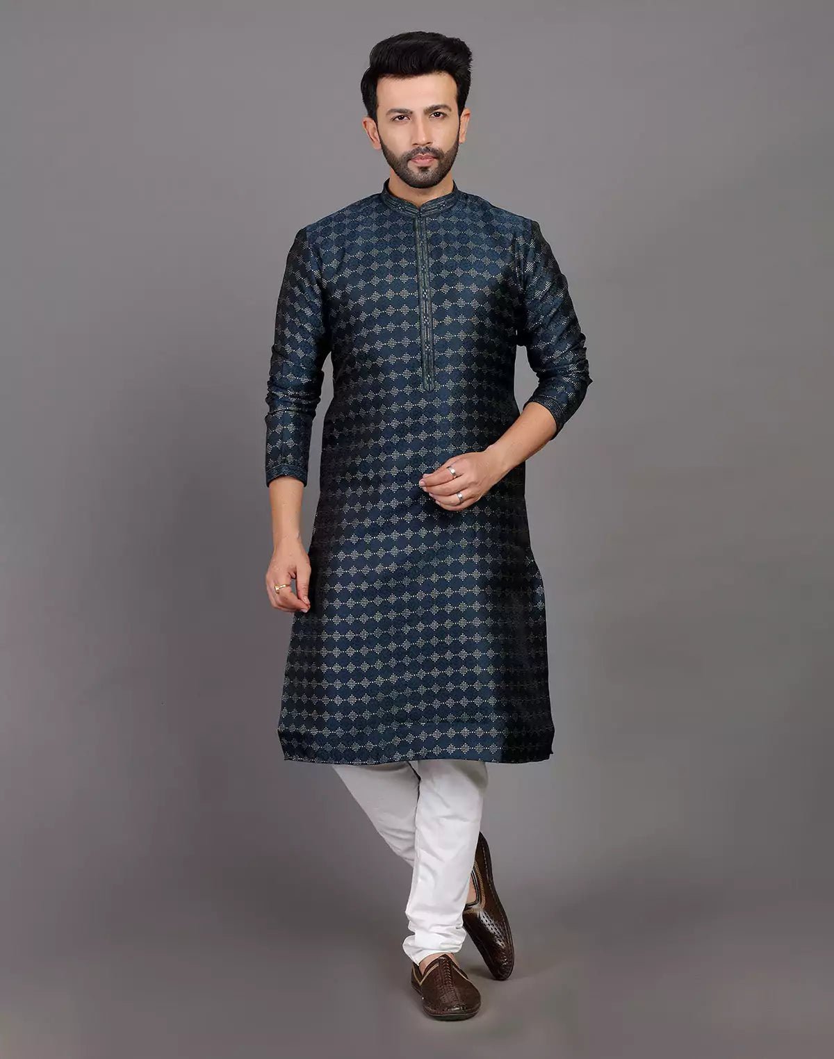 Image of All Over Self Highlighted Thread Work Soft Silk Peacock Blue Kurta Set - South India Shopping Mall