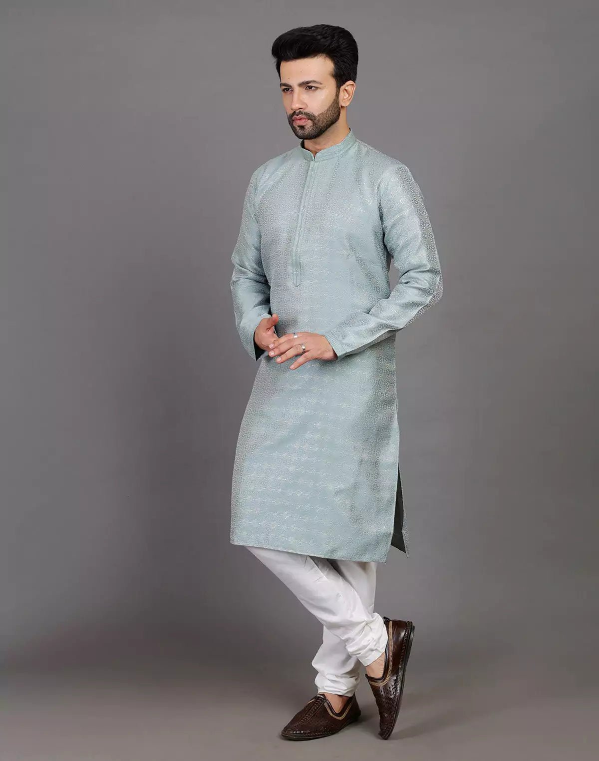Image of All Over Self Highlighted Thread Work Soft Silk Sea Green Kurta Set - South India Shopping Mall