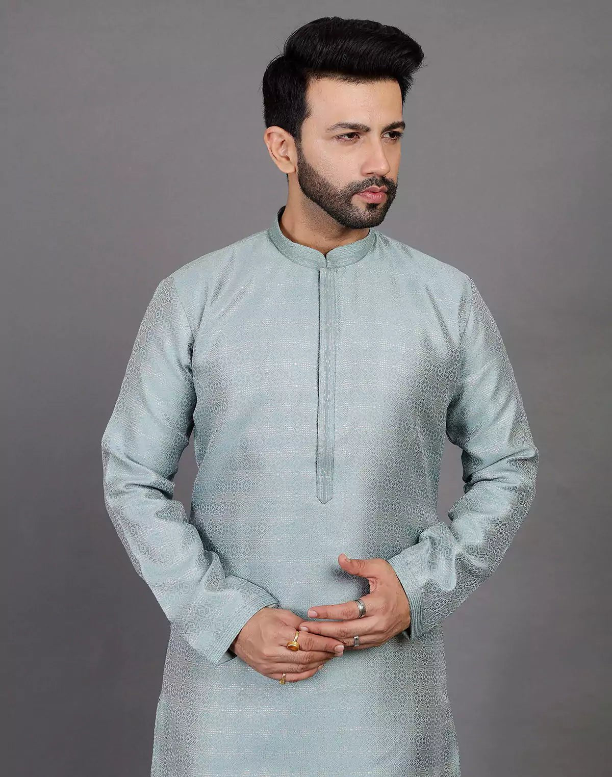 Image of All Over Self Highlighted Thread Work Soft Silk Sea Green Kurta Set - South India Shopping Mall