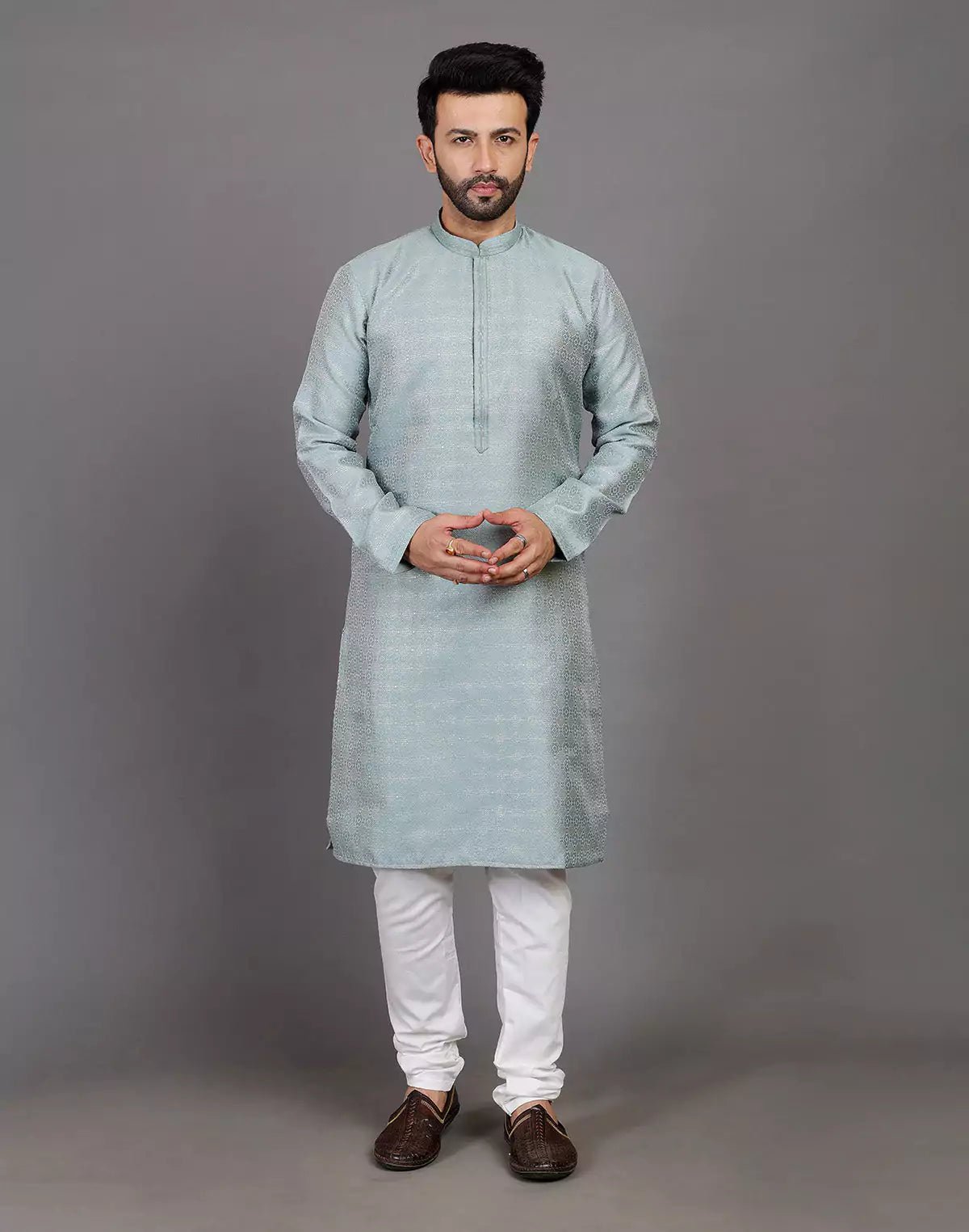 Image of All Over Self Highlighted Thread Work Soft Silk Sea Green Kurta Set - South India Shopping Mall