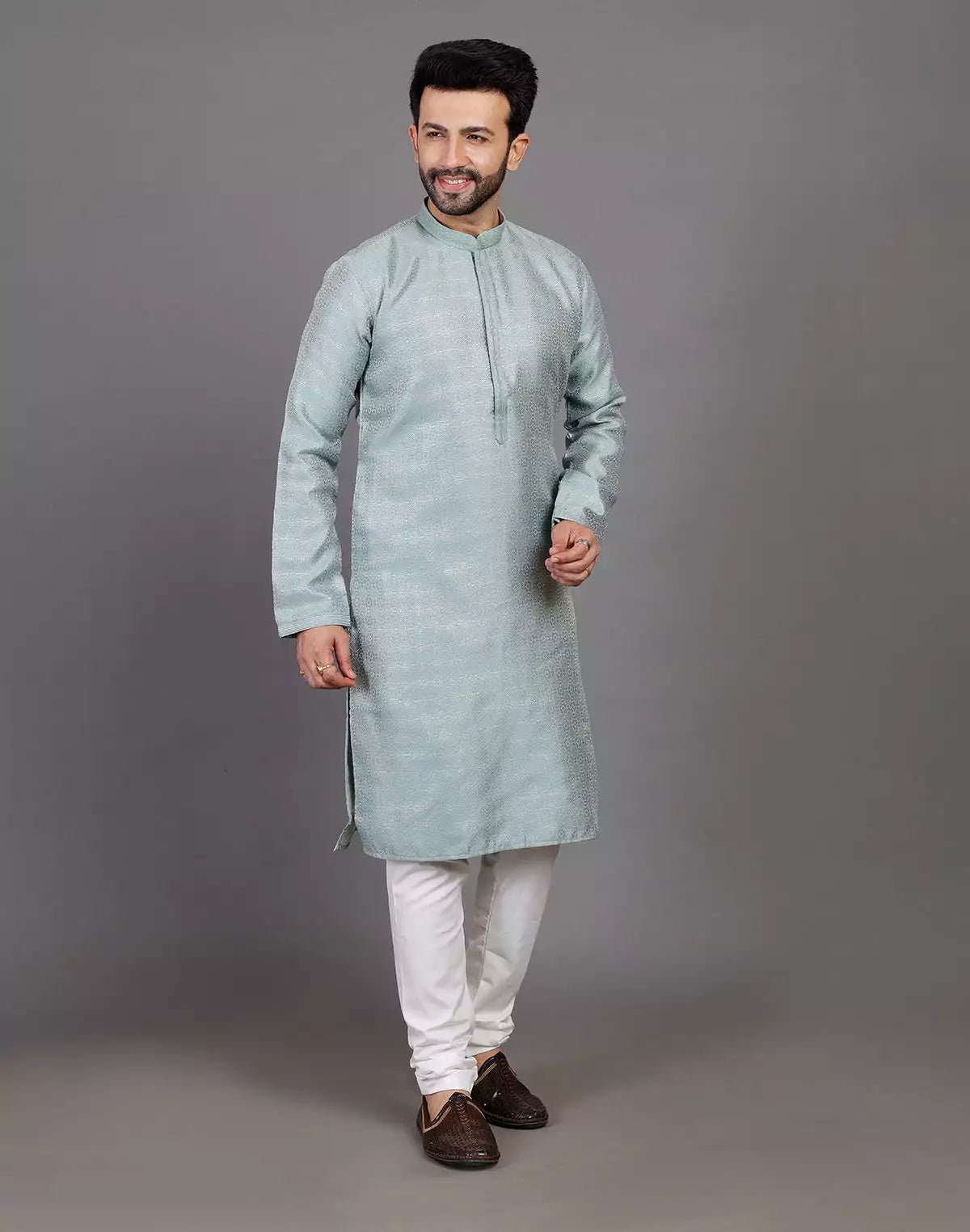 Image of All Over Self Highlighted Thread Work Soft Silk Sea Green Kurta Set - South India Shopping Mall