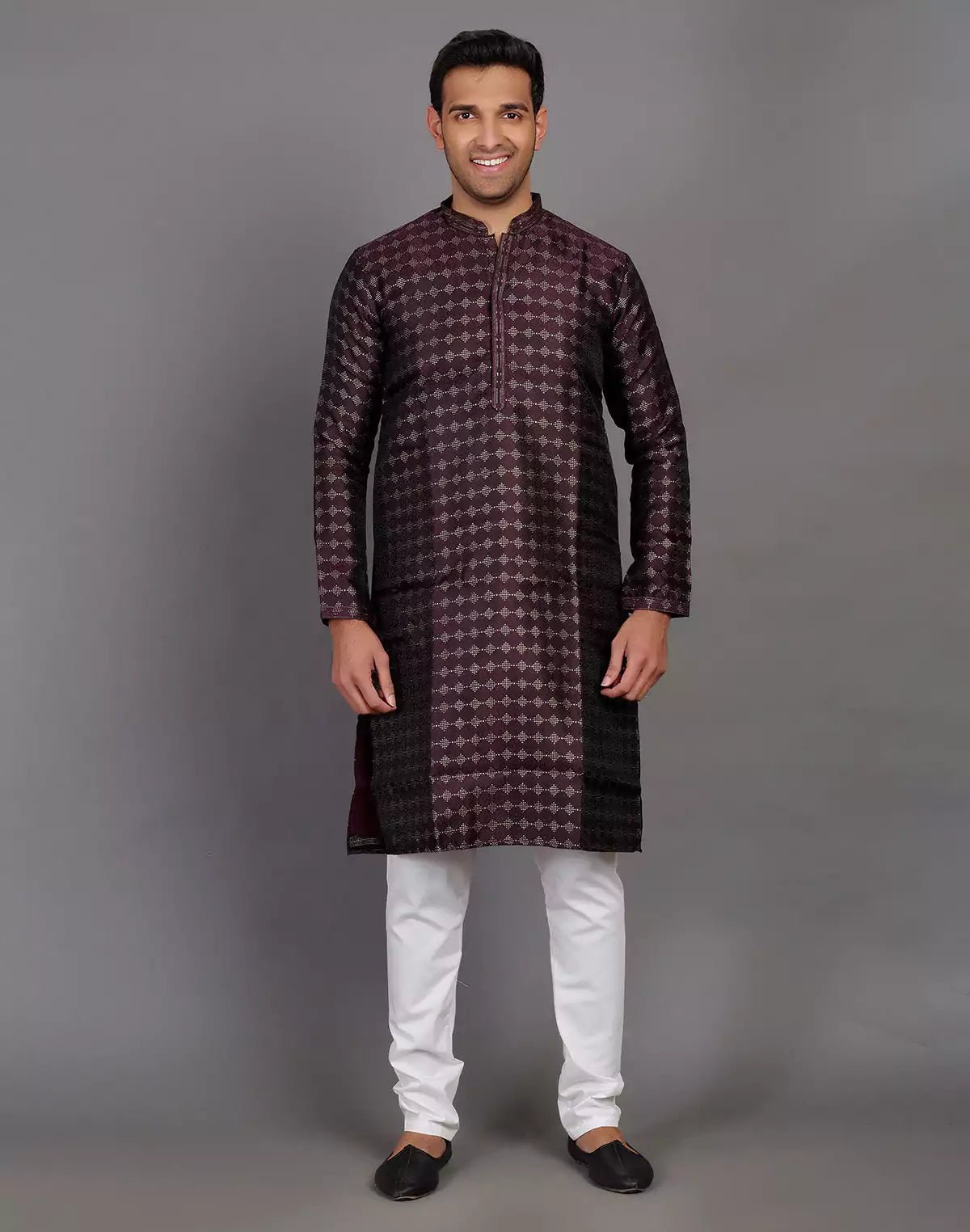 Image of All Over Self Highlighted Thread Work Soft Silk Wine Coloured Kurta Set - South India Shopping Mall