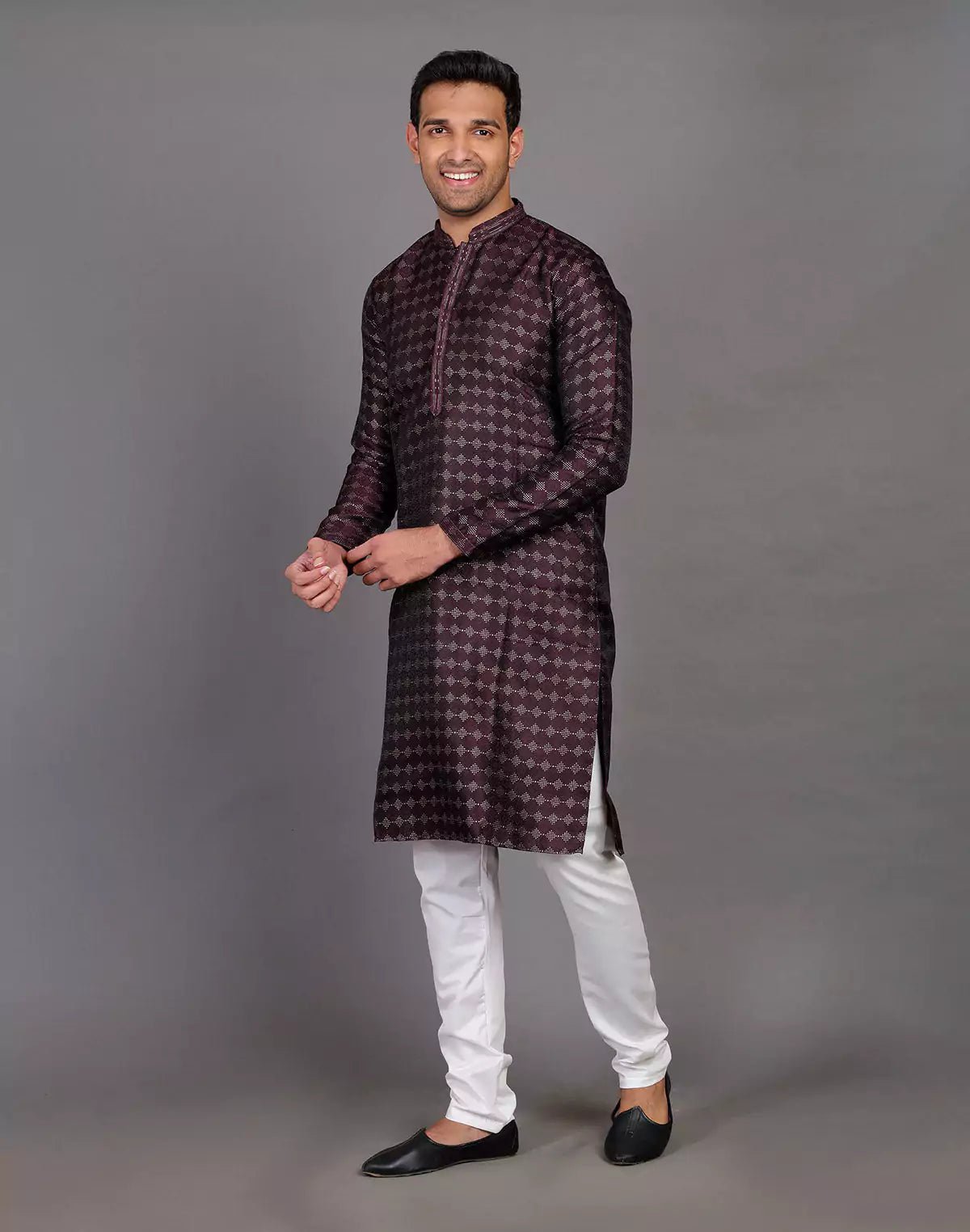 Image of All Over Self Highlighted Thread Work Soft Silk Wine Coloured Kurta Set - South India Shopping Mall