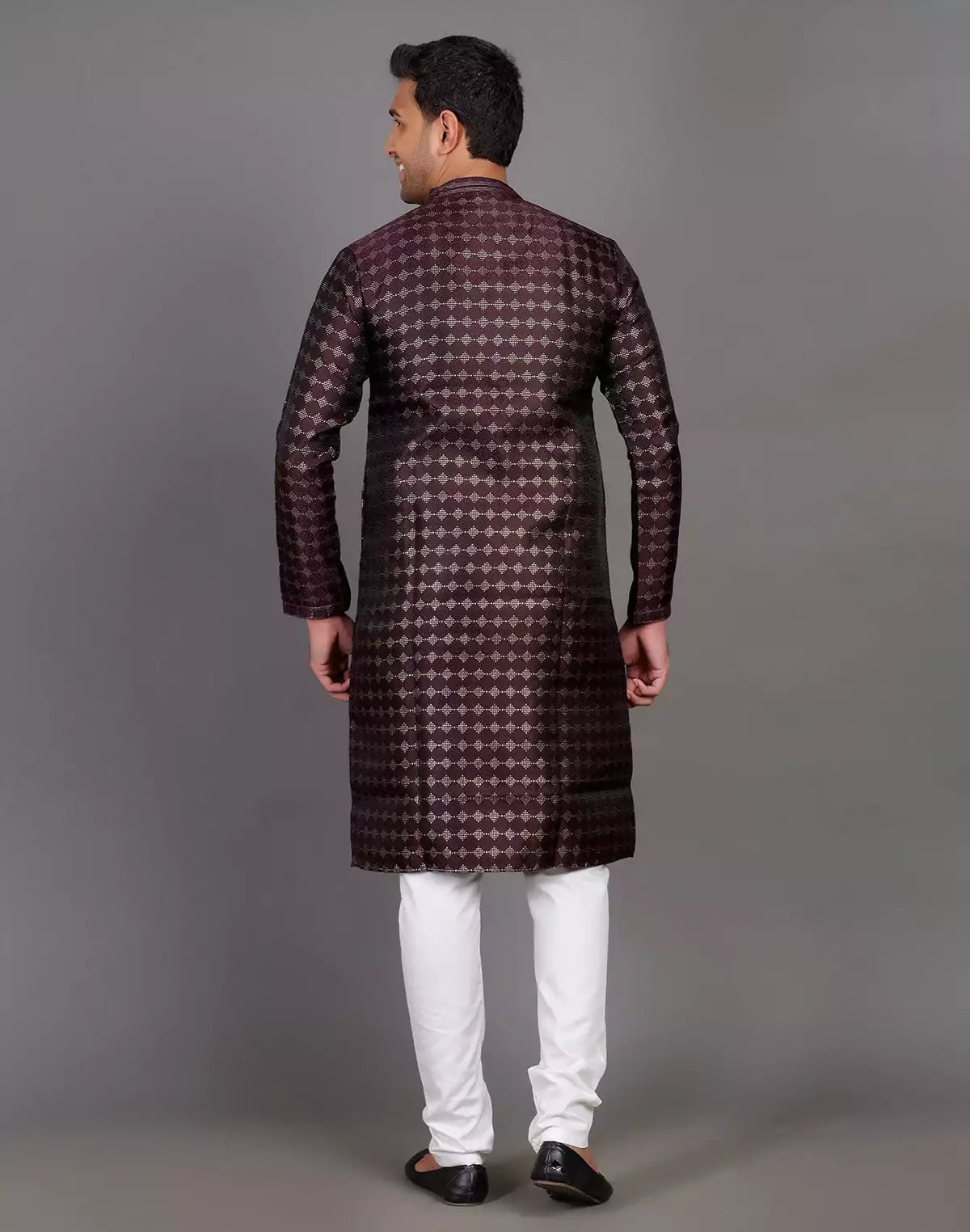 Image of All Over Self Highlighted Thread Work Soft Silk Wine Coloured Kurta Set - South India Shopping Mall