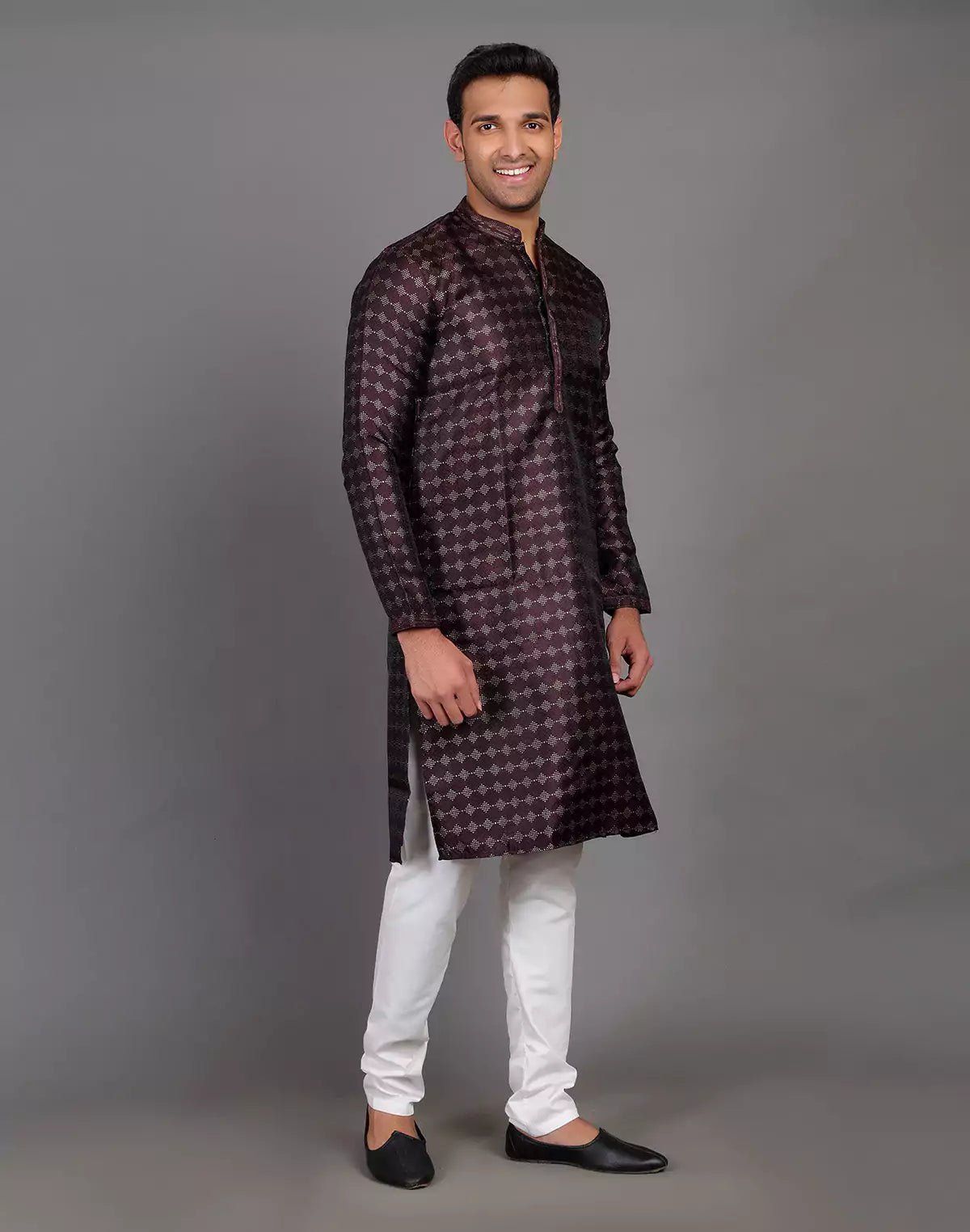 Image of All Over Self Highlighted Thread Work Soft Silk Wine Coloured Kurta Set - South India Shopping Mall