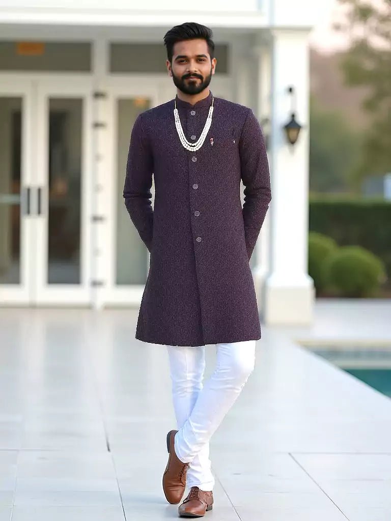 Image of All Over Self Patterned Jacquard Wine Semi - Indo Set - South India Shopping Mall