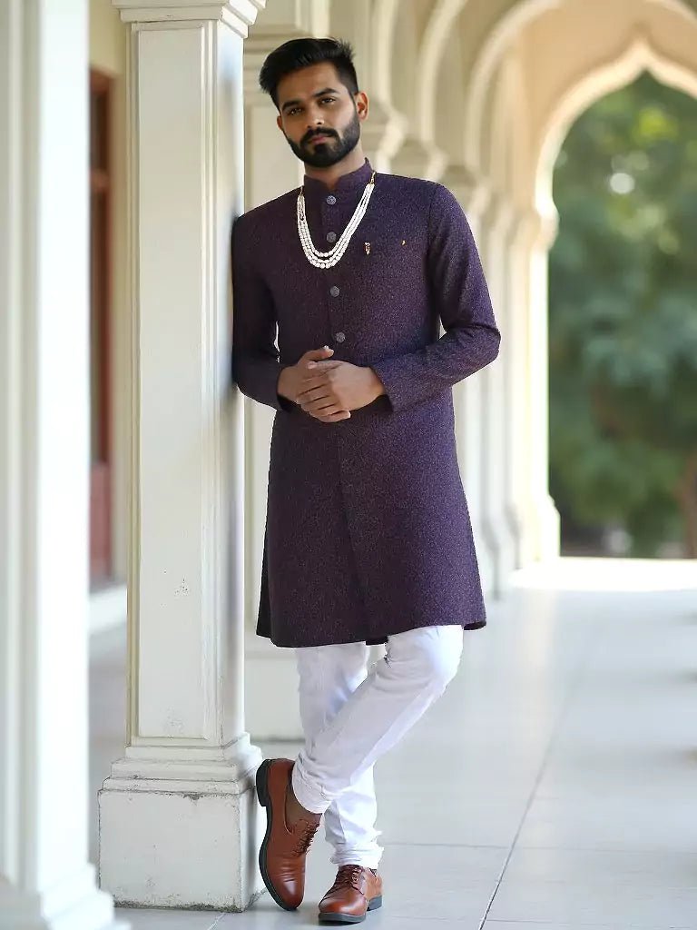 Image of All Over Self Patterned Jacquard Wine Semi - Indo Set - South India Shopping Mall
