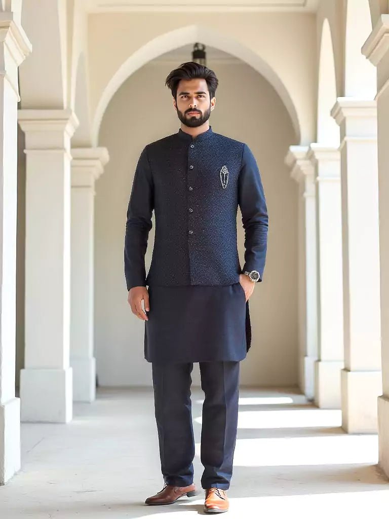 Image of All Over Sequence Work Black Self Design Raw Silk Kurta Set - South India Shopping Mall