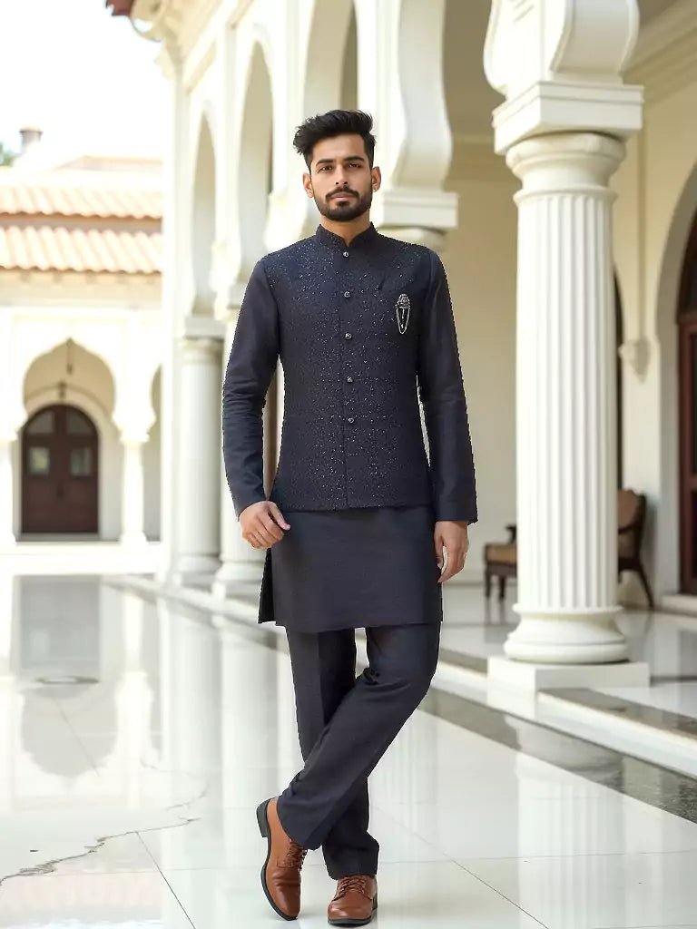 Image of All Over Sequence Work Black Self Design Raw Silk Kurta Set - South India Shopping Mall