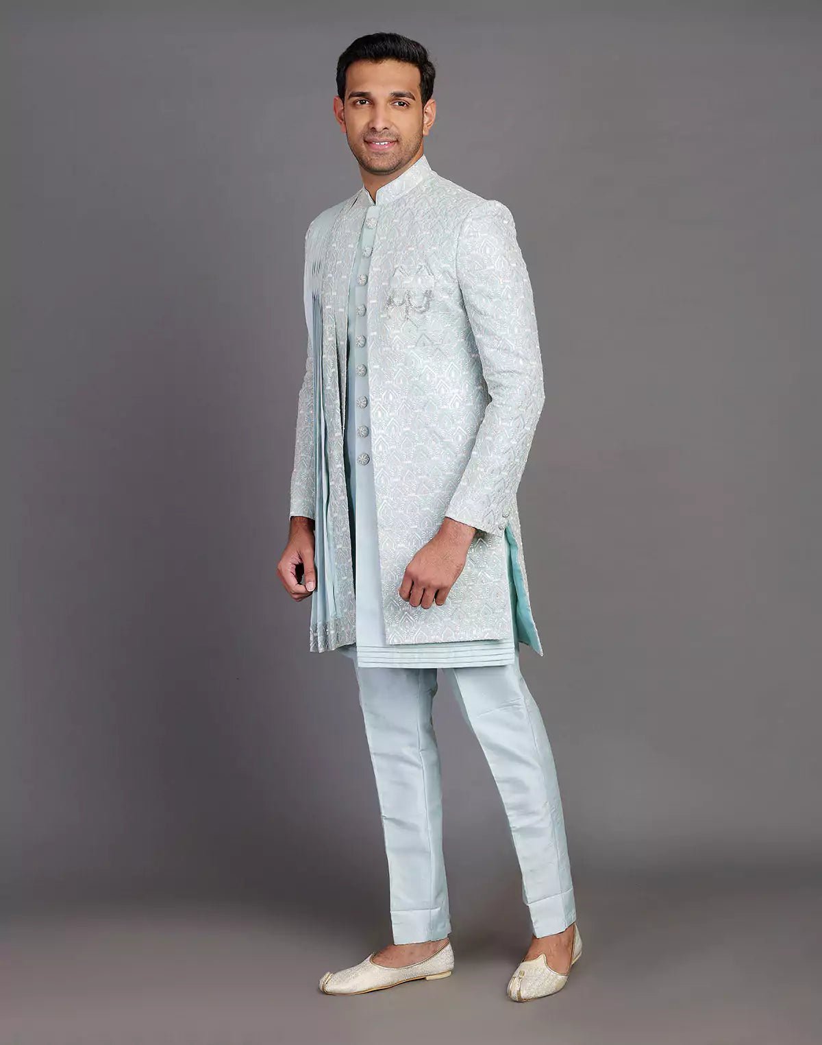 Image of All Over Sequence Work Raw Silk Indo - open Jacket Set With Dupatta - South India Shopping Mall