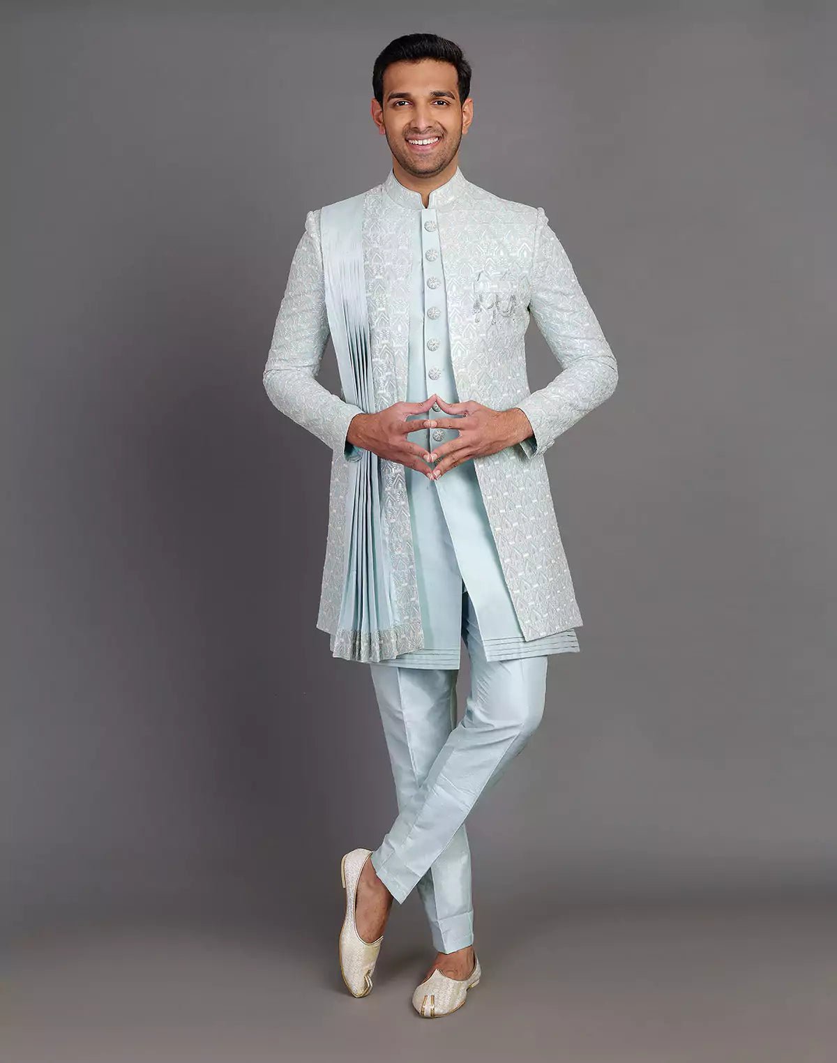 Image of All Over Sequence Work Raw Silk Indo - open Jacket Set With Dupatta - South India Shopping Mall