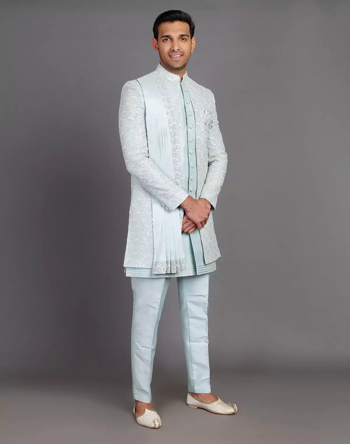 Image of All Over Sequence Work Raw Silk Indo - open Jacket Set With Dupatta - South India Shopping Mall