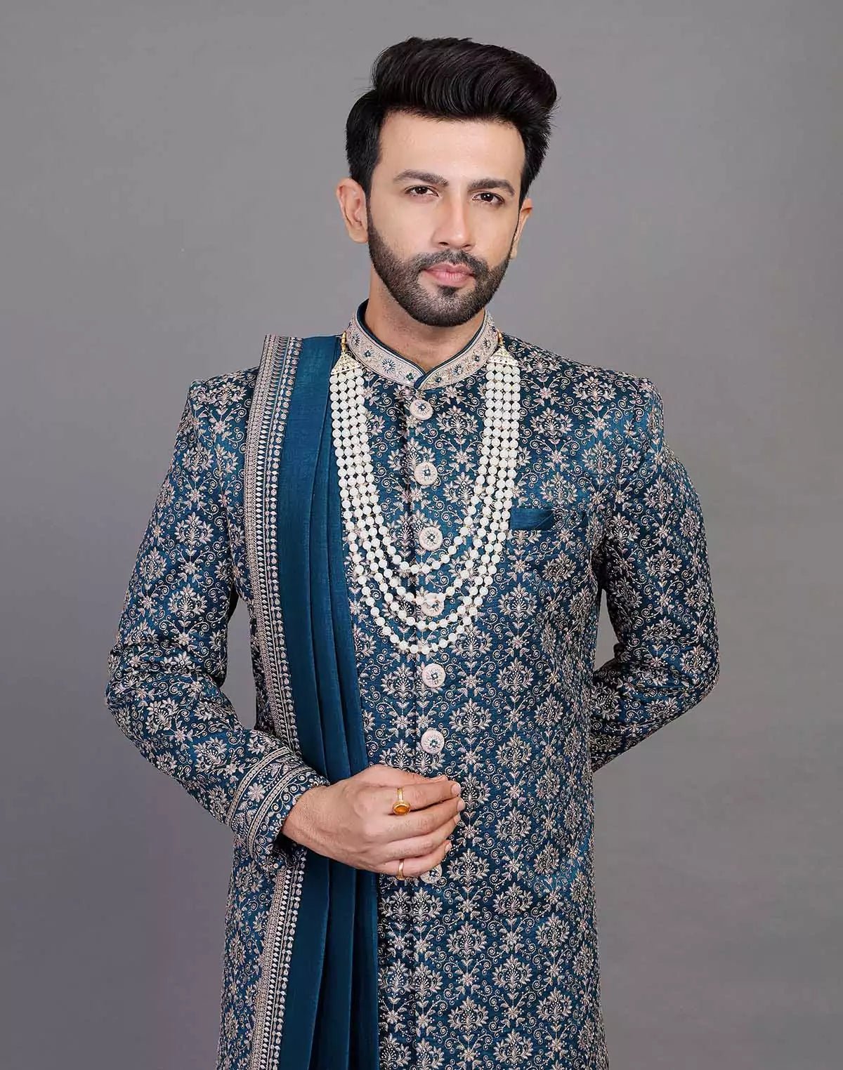 Image of All Over Thread Embroidery Work Navy Blue Raw Silk Indo Western Set With Dupatta - South India Shopping Mall