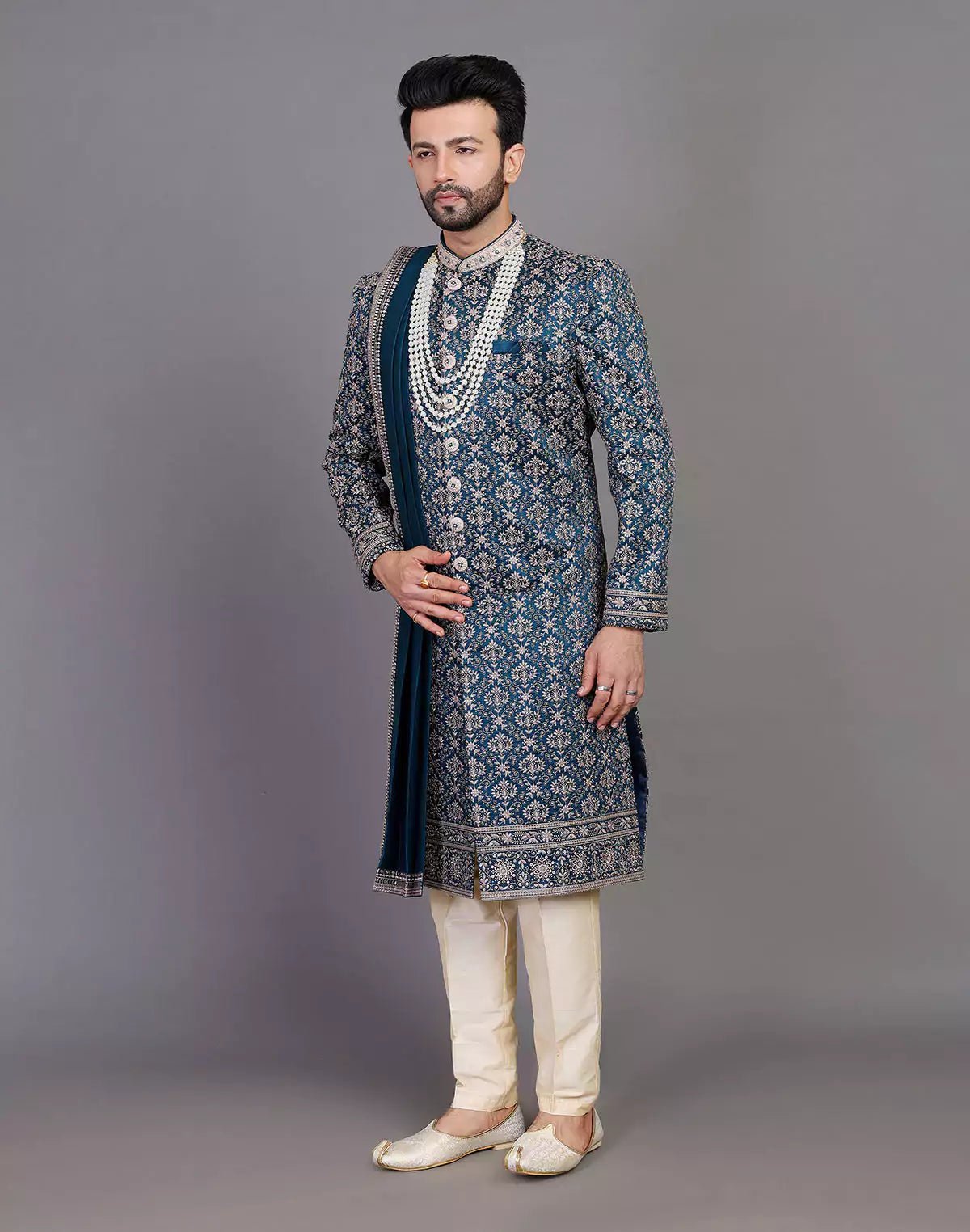 Image of All Over Thread Embroidery Work Navy Blue Raw Silk Indo Western Set With Dupatta - South India Shopping Mall