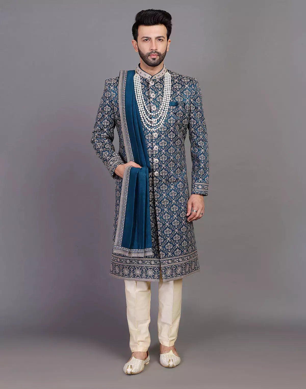 Image of All Over Thread Embroidery Work Navy Blue Raw Silk Indo Western Set With Dupatta - South India Shopping Mall