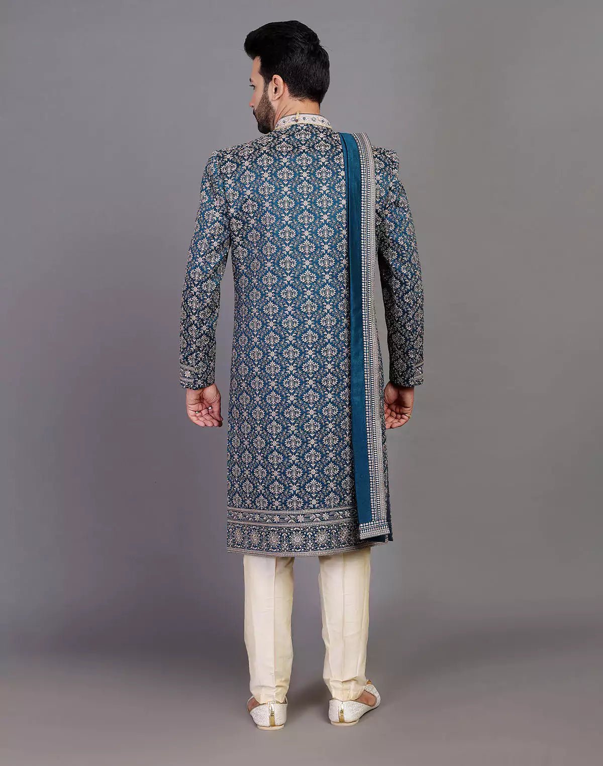 Image of All Over Thread Embroidery Work Navy Blue Raw Silk Indo Western Set With Dupatta - South India Shopping Mall